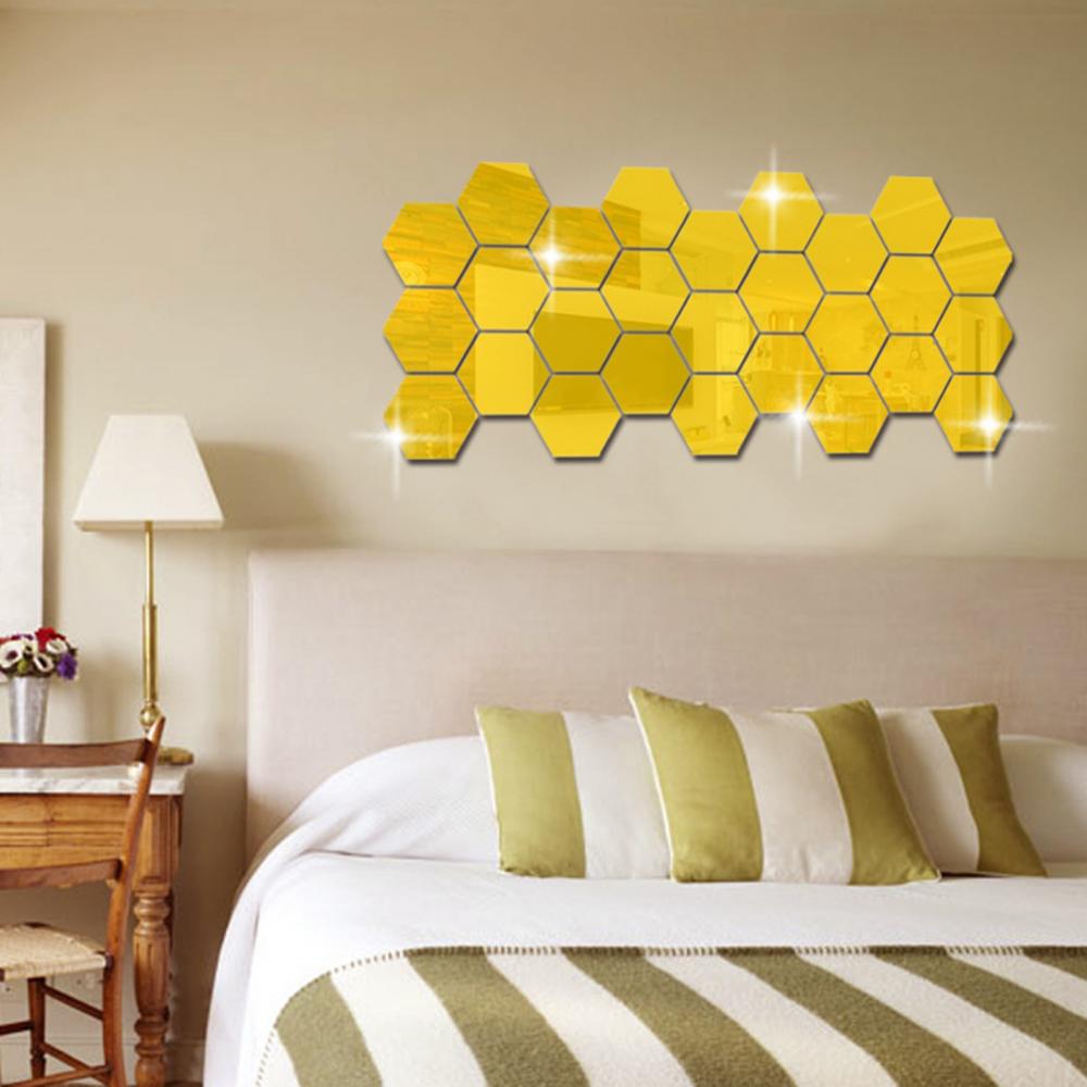 12Pcs Hexagonal Self Adhesive Mirror 3D Mirror Wall Sticker Home Decor Decorations DIY Removable Living Room Decal Art Ornaments