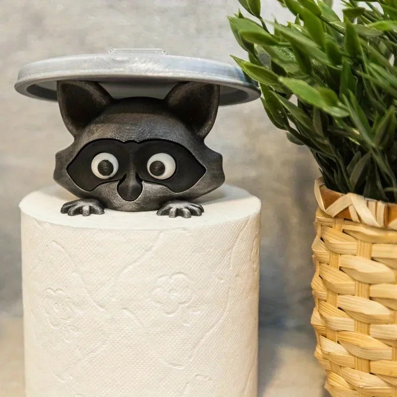 3D Printed Raccoon Toilet Paper Holder Adorable Playful Bathroom Decor with Lid Ideal Gift for Humor Lovers