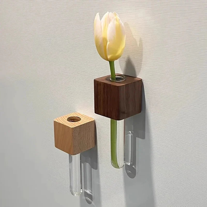 Wooden Test Tube Vase DIY Flower Arrangement Magnetic Simulation Flower Vase Refrigerator Sticker Home Kitchen Decorations Vases