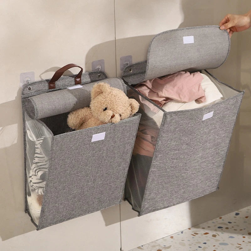 Foldable Adhesive Laundry Basket Hamper, Multifunctional Punch Free Wall Hanging Washing Clothes Mesh Hook Organizer