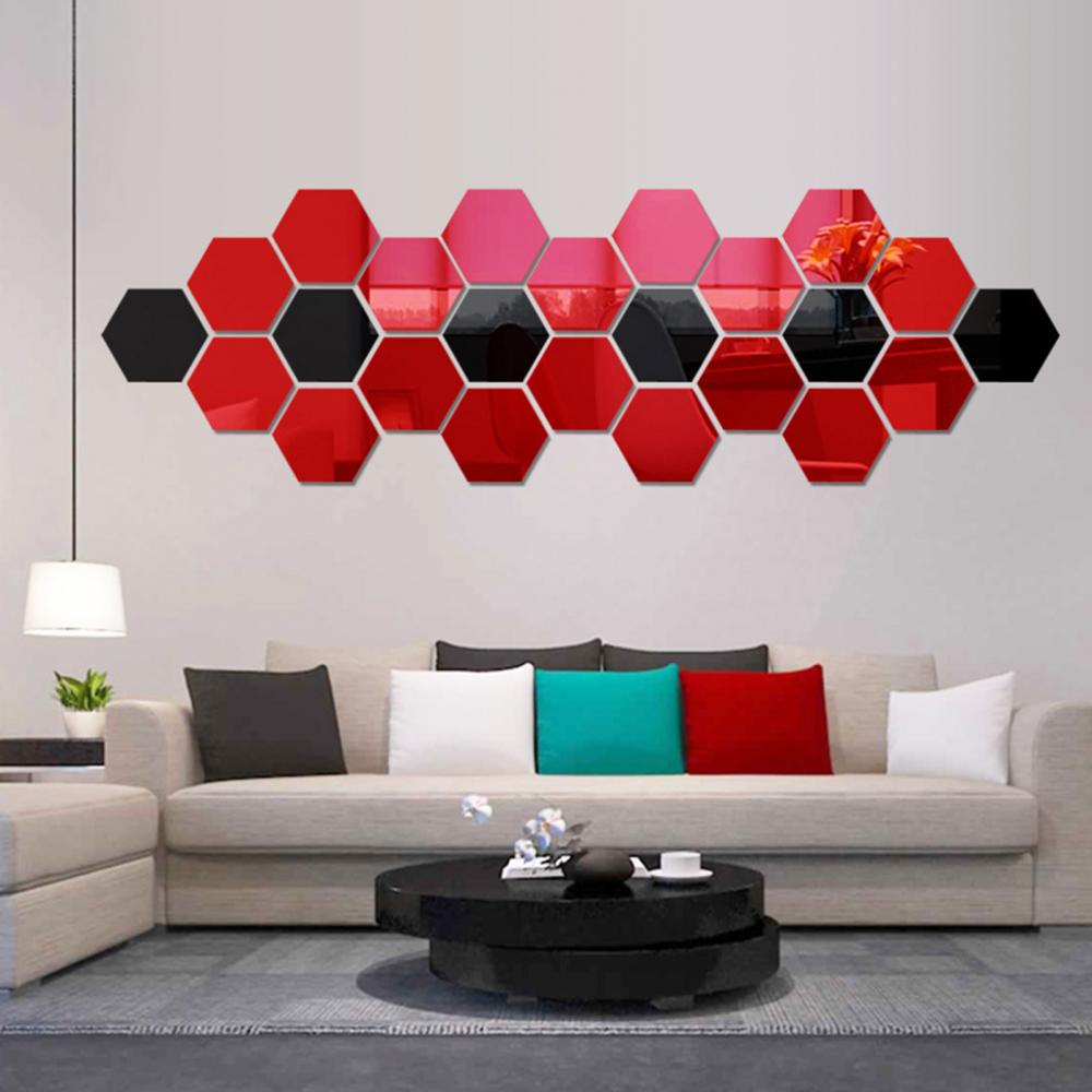 12Pcs Hexagonal Self Adhesive Mirror 3D Mirror Wall Sticker Home Decor Decorations DIY Removable Living Room Decal Art Ornaments