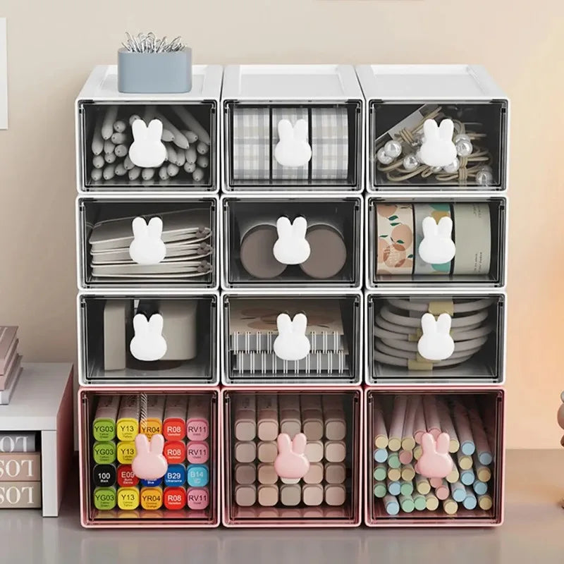 Rabbit Kawaii Desktop Organizer Office Transparent Drawer Student Desk Stationery and Sundry Storage Shelf Pen Holder Stationery