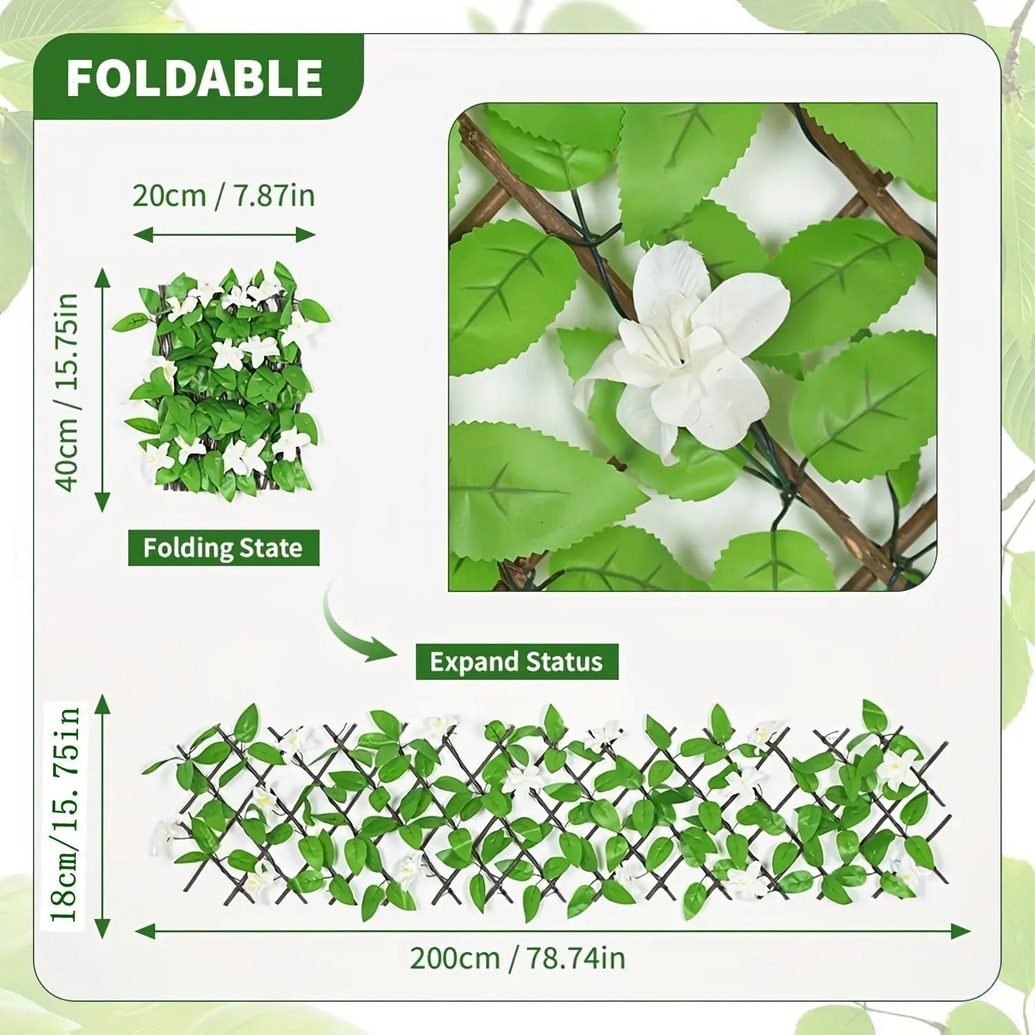 Simulation Fence Telescopic Fence Fake Flowers Green Leaves Artificial Faux Ivy Leaves Wooden Fence for Garden Decor Buildings