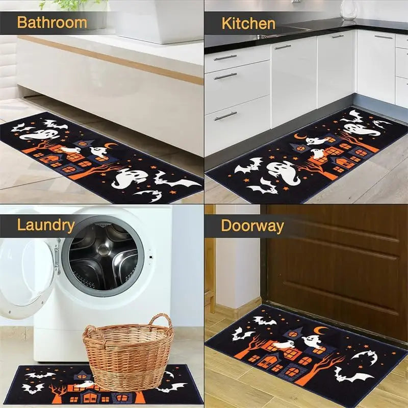 VIKAMA 2pcs Halloween Kitchen Carpet, Indoor And Outdoor Welcome Doormat, Bedroom And Living Room Floor Mat, Home Decoration