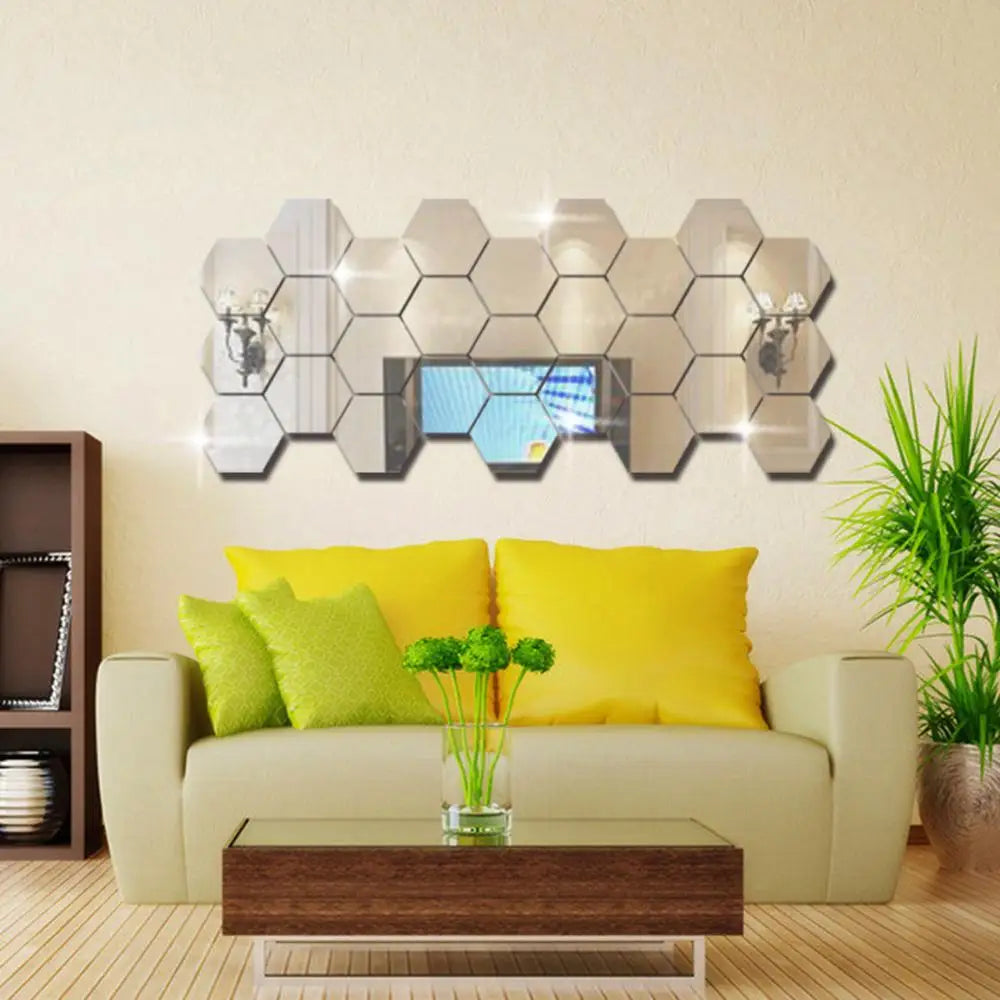 12Pcs Hexagonal Self Adhesive Mirror 3D Mirror Wall Sticker Home Decor Decorations DIY Removable Living Room Decal Art Ornaments