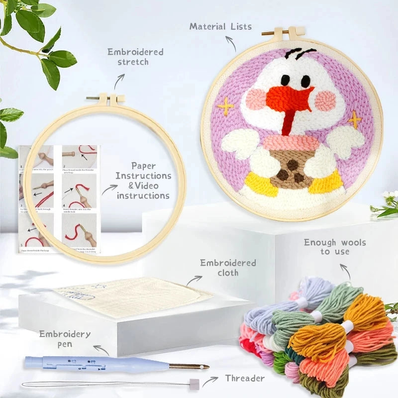 DIY Punch Needle Kits for Beginners Cute Animal with Hoop Embroidery Punch Needle Starter Craft Set Giraffe Festival Gift