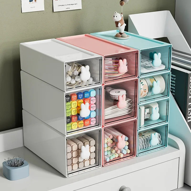 Rabbit Kawaii Desktop Organizer Office Transparent Drawer Student Desk Stationery and Sundry Storage Shelf Pen Holder Stationery