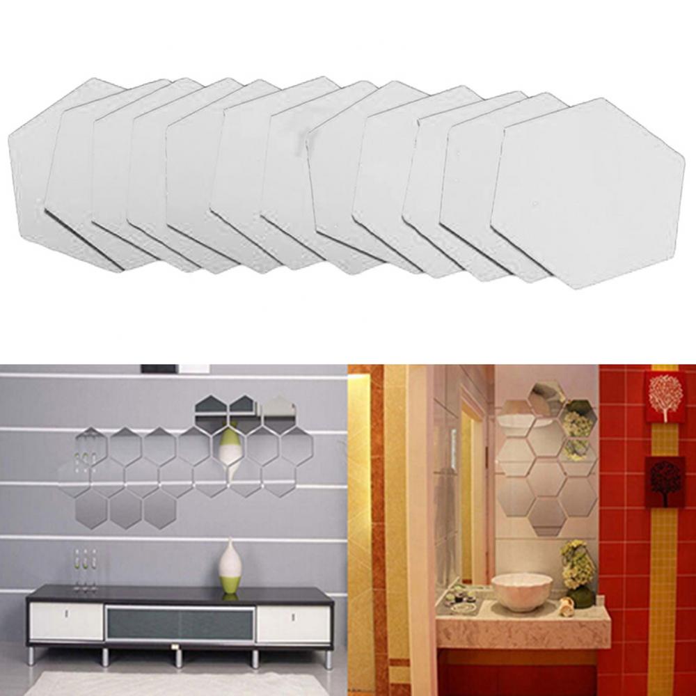 12Pcs Hexagonal Self Adhesive Mirror 3D Mirror Wall Sticker Home Decor Decorations DIY Removable Living Room Decal Art Ornaments