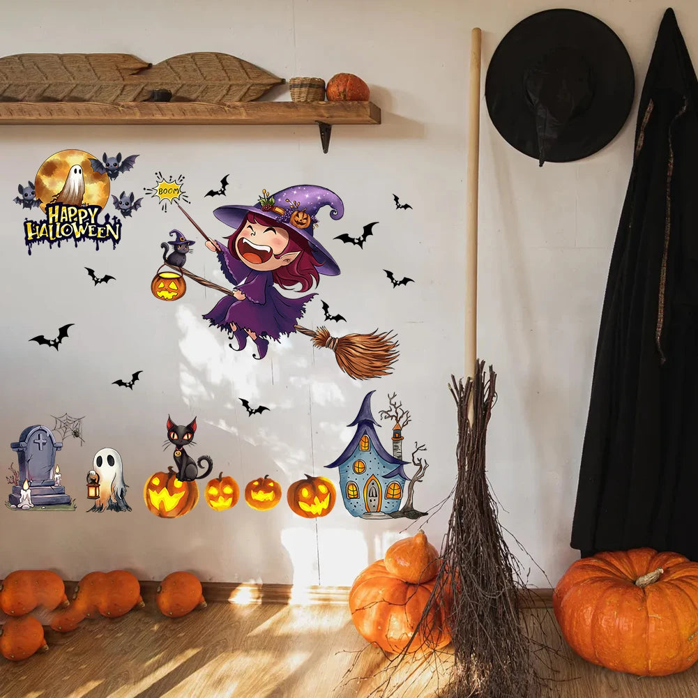 Halloween Pumpkin Witch Wall Sticker For Children's Room Decoration Self-Adhesive Wallpaper