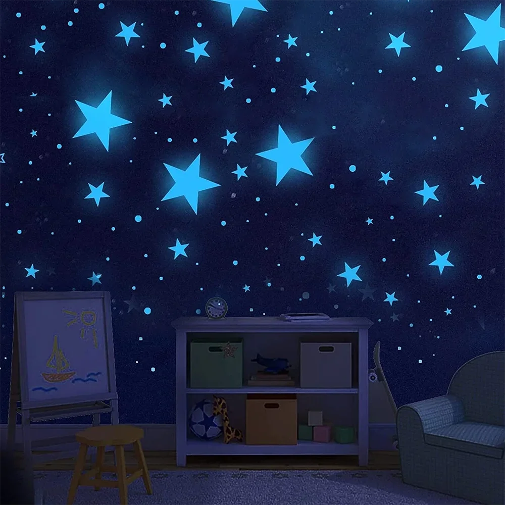 100 pcs Luminous Moon and Stars Wall Stickers Glow in the Dark Wall Decals Bedroom Ceiling Home Decorative Stickers Kids Room