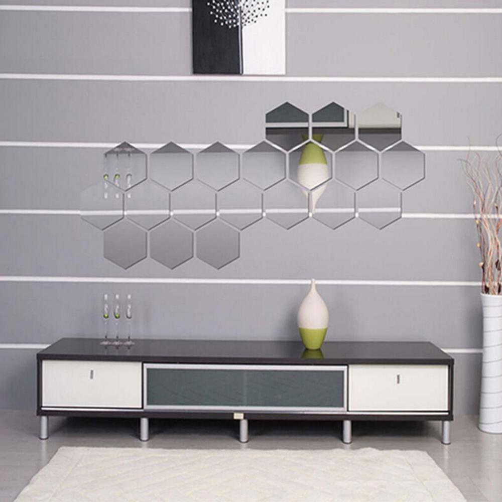 12Pcs Hexagonal Self Adhesive Mirror 3D Mirror Wall Sticker Home Decor Decorations DIY Removable Living Room Decal Art Ornaments