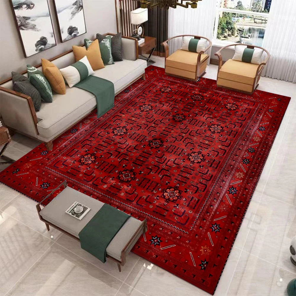 Retro red Bohemian-style printed carpet Red Kitchen Mat Decor Vibrant Living Room mat coffee table rug nonslip Machine washing