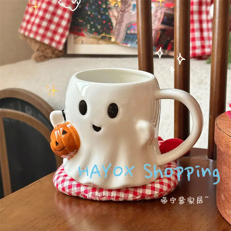 Cute Ghost Water Cup,Creative Pumpkin Ghost Ceramic Mug Afternoon Tea Coffee Cup,Milk Mug Household Drinking Set Halloween Gift