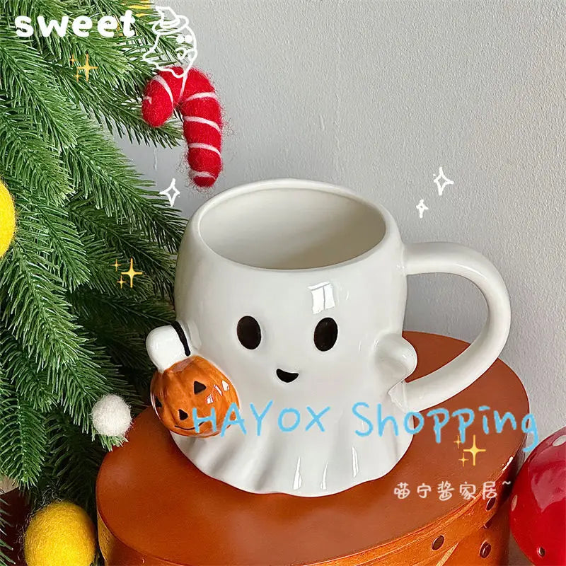 Cute Ghost Water Cup,Creative Pumpkin Ghost Ceramic Mug Afternoon Tea Coffee Cup,Milk Mug Household Drinking Set Halloween Gift
