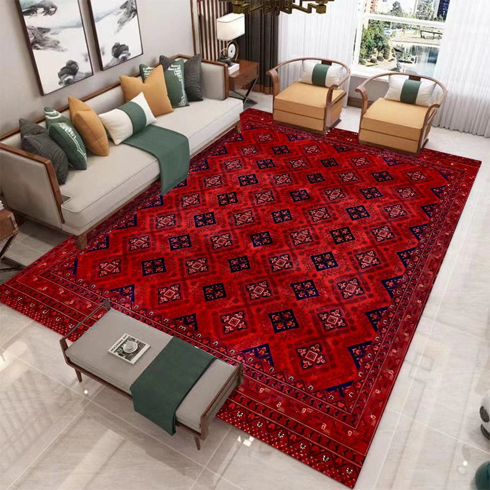 Retro red Bohemian-style printed carpet Red Kitchen Mat Decor Vibrant Living Room mat coffee table rug nonslip Machine washing
